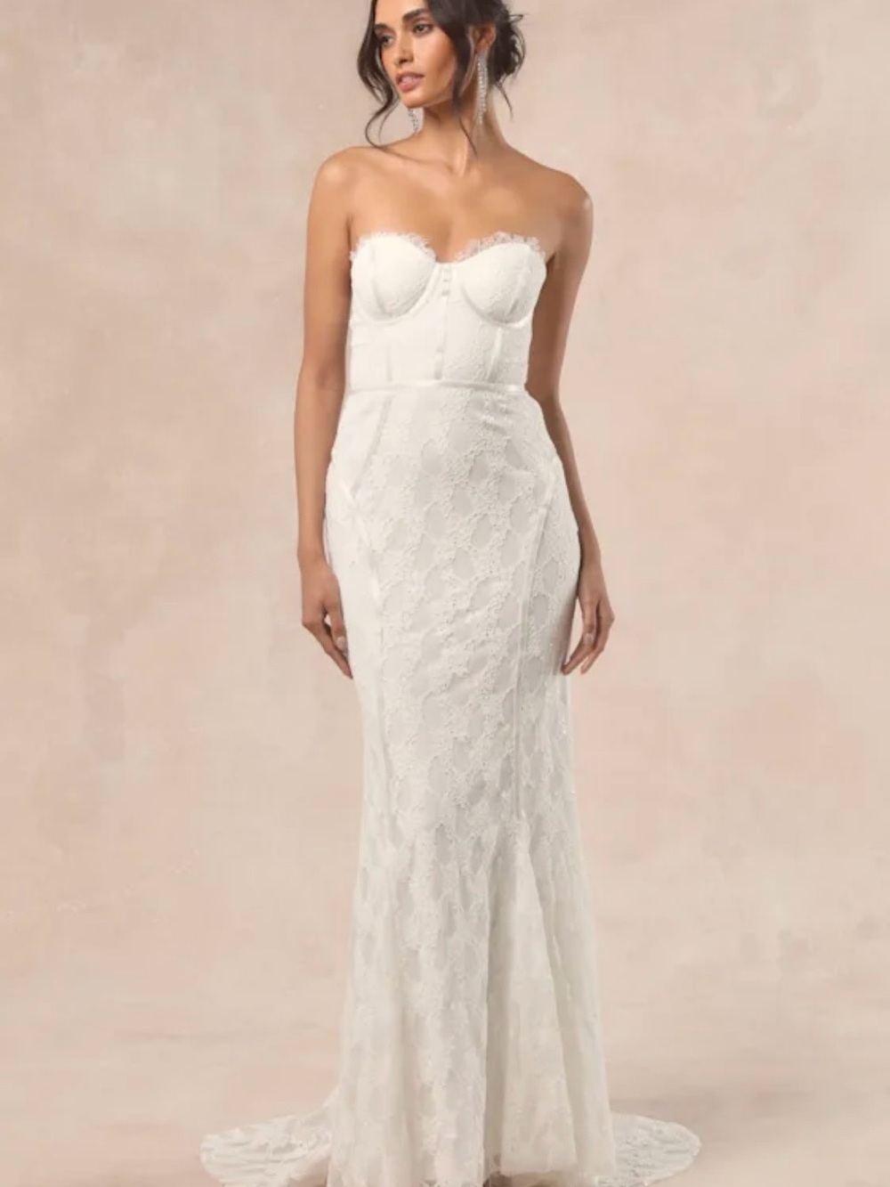 Lulu's Strapless White Lace Bridal Gown with Corset Bodice